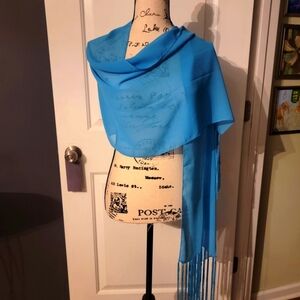 Sky-blue Fringed Wrap Shawl